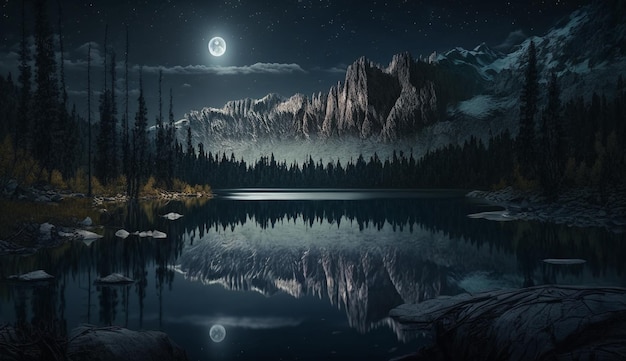 Nachtszene im Fluss mit Mondschein und Bäumen