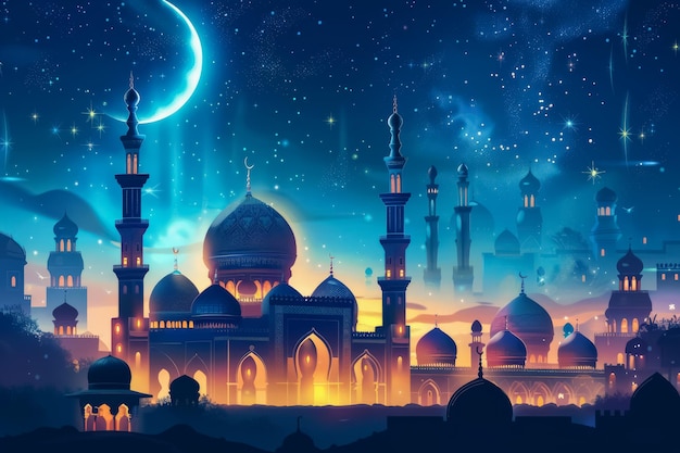 Nachtszene mit Moschee und Halbmond Eid al Fitr Begrüßungskarte