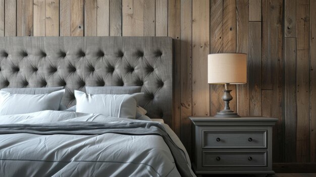 Nachttisch und Lampe in der Nähe des Bettes mit grauer Stoffkopfteilung gegen eine Holzpanelwand