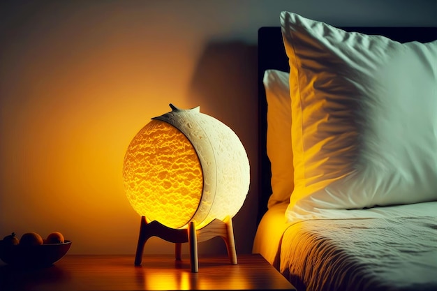 Foto nachttischlampe in form eines mondes auf holzbeinen
