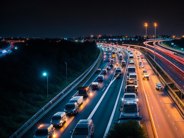 Nachtverkehr Autos auf der Autobahn in der Abendnacht bei Sonnenuntergang in der geschäftigen Stadt mit Blick auf die Stadt, getönt mit Ret