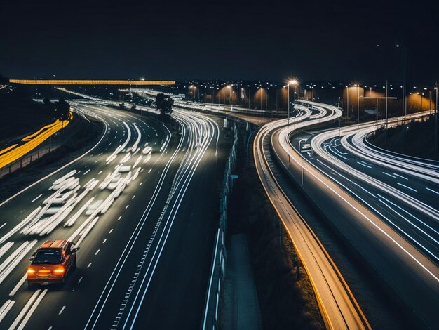 Nachtverkehr Autos auf der Autobahn in der Abendnacht bei Sonnenuntergang in der geschäftigen Stadt mit Blick auf die Stadt, getönt mit Ret