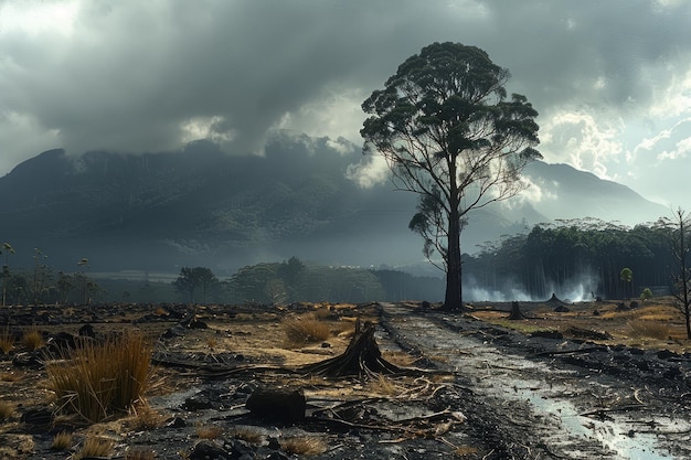 Nachwirkungen der Buschfeuerkatastrophe Verbrannte Landschaft und ein einziger widerstandsfähiger Baum im Smoky Mountain Valley Eine ergreifende Szene der Umweltzerstörung und der Widerstandsfähigkeit der Natur
