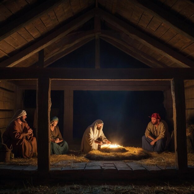 El nacimiento de Cristo en un establo nocturno