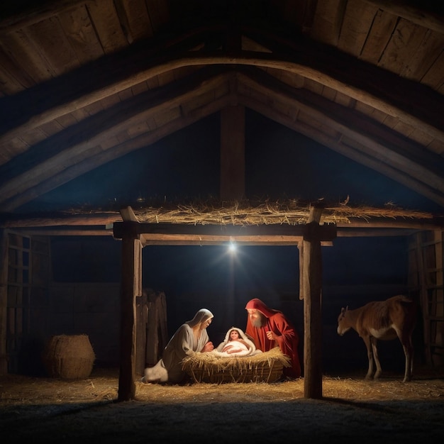 El nacimiento de Cristo en un establo nocturno