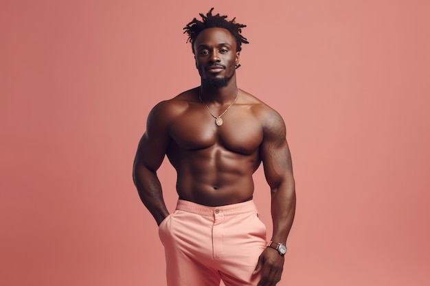 Nackter Oberkörper schwarzer Bodybuilder lächelt in die Kamera auf rosa Hintergrund Generative KI