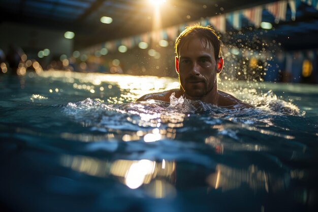 Nadador concentrado entrena en piscina soleada generativa IA