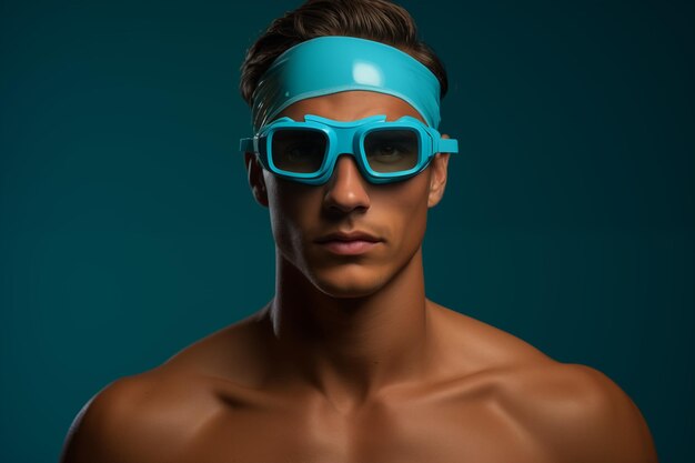 Nadador de competição masculino com chapéu de natação e óculos
