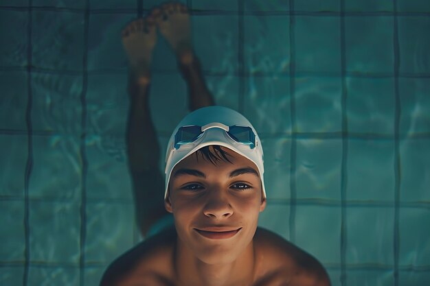 Foto nadador em forma sorrindo para a câmera na piscina