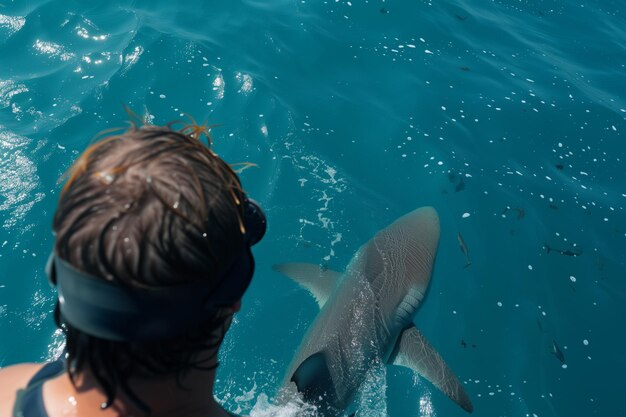 Nadador em um barco de turismo de observação de tubarões olhando para baixo