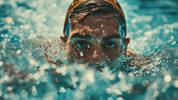 Nadador enfocado en las aguas brillantes de la piscina