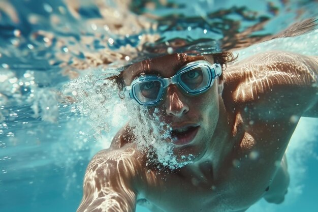 Nadador con gafas de protección bajo el agua