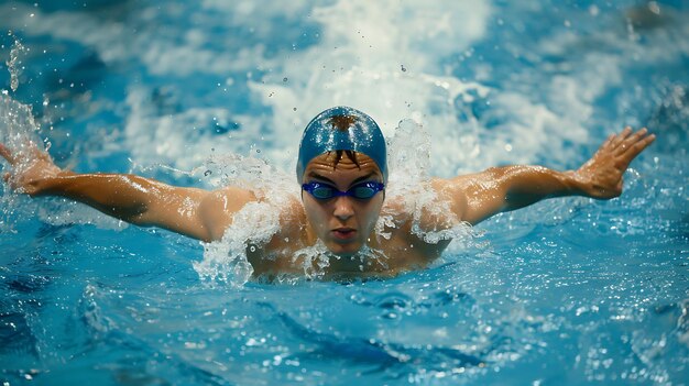 Nadador masculino con gorra azul y gafas de protección nadando el golpe de mariposa en una piscina