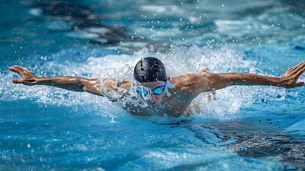 Nadador masculino con una gorra negra y gafas azules nada el golpe de mariposa en una piscina azul