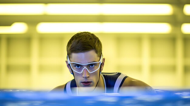 Nadador masculino a punto de bucear en la piscina en un encuentro de natación