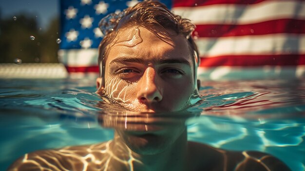 Nadador masculino sorridente posando com óculos de proteção e boné na piscina