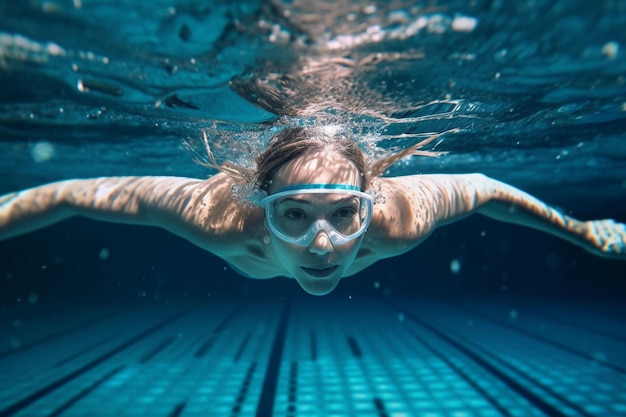 Nadadora en una piscina bajo el agua en una piscina