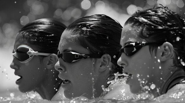 Nadadoras al comienzo de una carrera enfatizando la fuerza y el espíritu competitivo