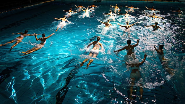 Nadadores sincronizados actuando en una piscina Los nadadores llevan trajes blancos y gorras de natación El agua es clara y azul