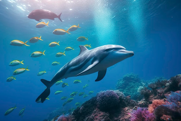 nadar no fundo do mar golfinhos bonitos debaixo d'água e corais coloridos na natureza selvagem do Oceano Pacífico gerar Ai