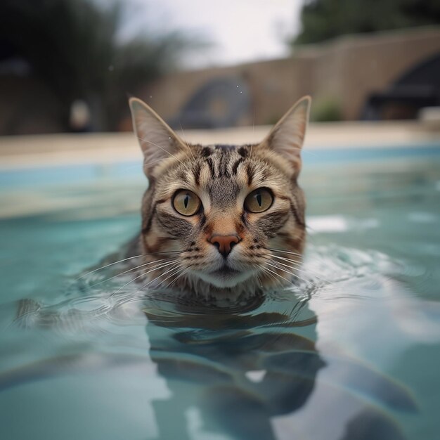 Nadar en una piscina con agua limpia y clara de cerca una situación inusual con mascotas