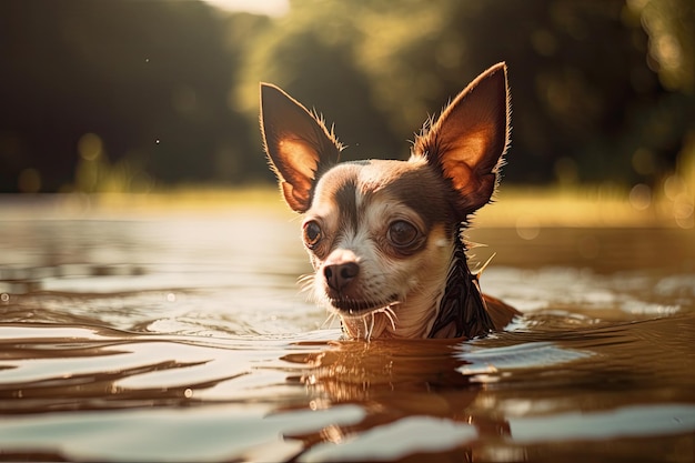 Nadar bajo el sol de la mañana con un chihuahua