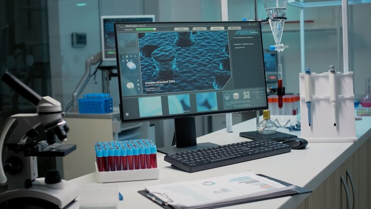 Foto nadie en el mostrador de química en el lugar de trabajo de laboratorio