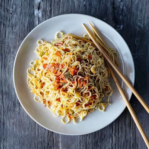 Nadles instantáneas sin cocinar en un plato blanco Pasta cruda comida rápida asiática seca Almuerzo rápido