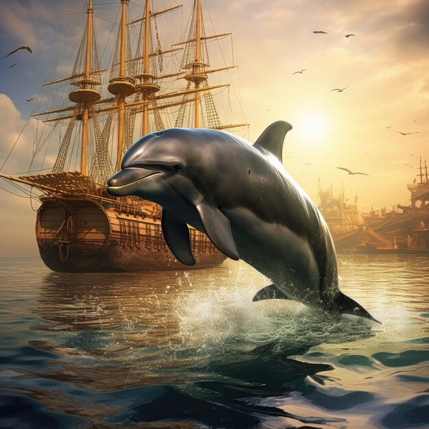Nado con delfines en el mar azul en un lugar pintoresco
