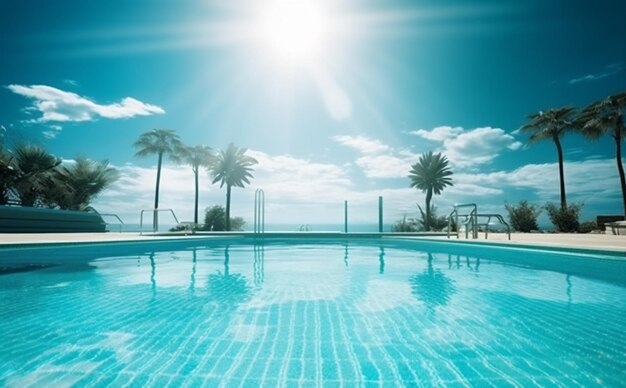 Nado de verano en casa palmera gran piscina agua relajación azul lujo IA generativa