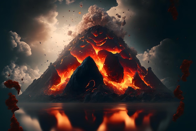 Nächtliche Fantasielandschaft mit abstrakten Bergen und einer Insel auf dem Wasser, einem explosiven Vulkan mit brennender Lava. Ein neuronales Netzwerk erzeugte Kunst