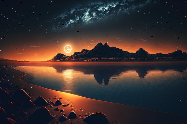 Nächtliche Meereslandschaft mit Sternenhimmel, orangefarbenem Sonnenuntergang und Mondlicht