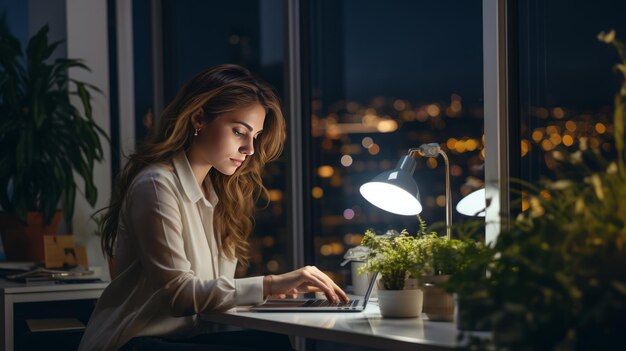 Nächtliche Produktivität Junge Geschäftsfrau tippt im Heimbüro am Laptop Generative KI