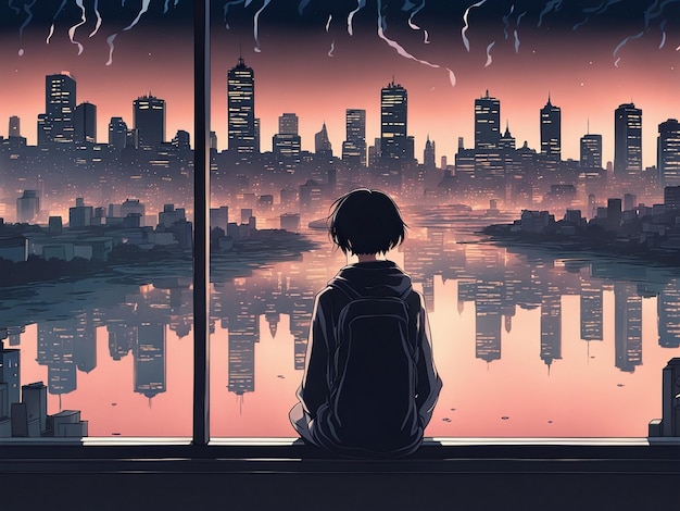 Nächtliche Reflexionen, Lofi-Manga-Hintergrundbild einer traurigen, aber schönen Szene mit Stadtlandschaft