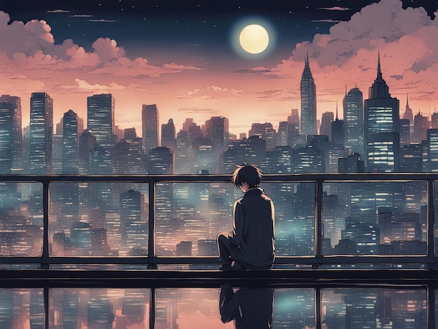 Nächtliche Reflexionen, Lofi-Manga-Hintergrundbild einer traurigen, aber schönen Szene mit Stadtlandschaft