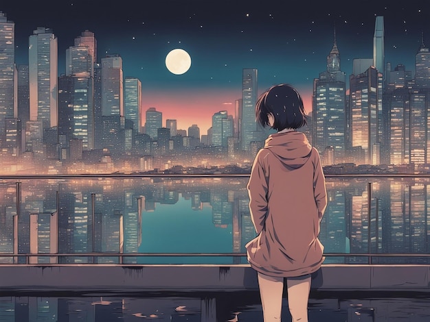 Nächtliche Reflexionen, Lofi-Manga-Hintergrundbild einer traurigen, aber schönen Szene mit Stadtlandschaft