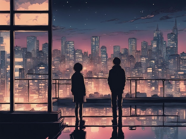 Nächtliche Reflexionen, Lofi-Manga-Hintergrundbild einer traurigen, aber schönen Szene mit Stadtlandschaft