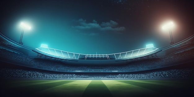 Nächtliche Sportkulisse. Stadion für Fußball und Cricket mit verschwommenem 3D-Beleuchtungshintergrund. Generative KI