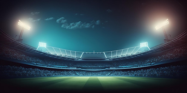 Nächtliche Sportkulisse. Stadion für Fußball und Cricket mit verschwommenem 3D-Beleuchtungshintergrund. Generative KI