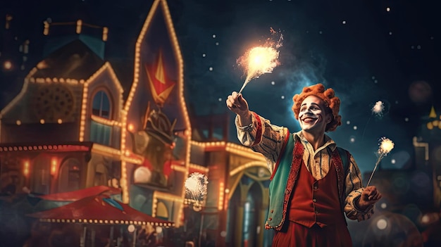 Nächtliche Straßenzirkusvorstellung mit Clown-Jongleur, Festival-Stadthintergrund, Feuerwerk und festlicher Atmosphäre