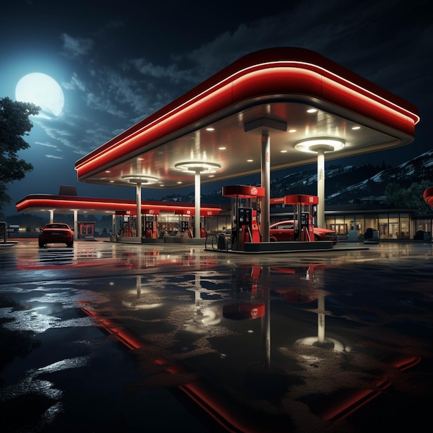 Nächtliche Szene einer Tankstelle mit Vollmond im Hintergrund, generative KI