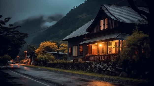 Nächtliche Szene eines Hauses mit eingeschaltetem Licht und einem am Straßenrand geparkten Auto. Generative KI