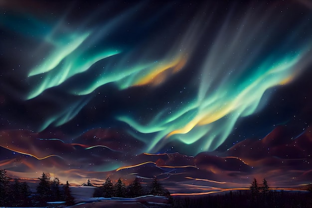 Nächtliche terrestrische Landschaft mit Aurora-Nordlichtern im neuronalen Netzwerk des Himmels generierte Kunst