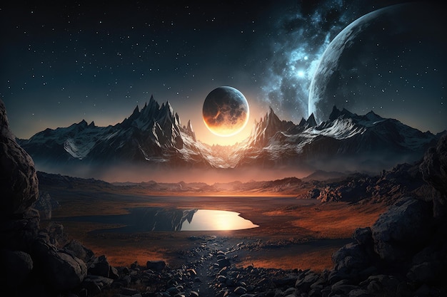 Nächtlicher Blick auf die Landschaft von Mordor mit Mond und Sternen, die darüber leuchten