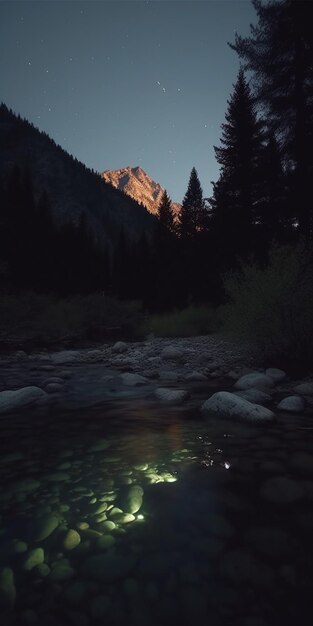 Nächtlicher Gebirgsbach mit reflektierendem Mond und Sternenlicht auf glitzernden Steinen