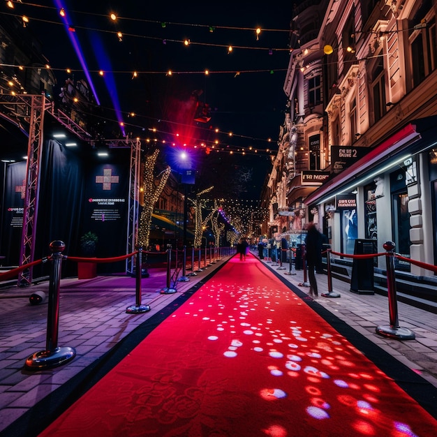 Nächtlicher roter Teppich in der Stadtstraße des Filmfestivals in Krakau