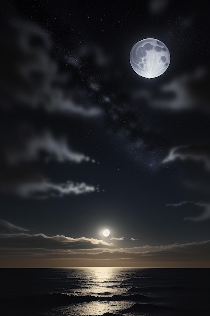 Nächtlicher Sternenhimmel, Mondlicht, das auf dem Meerwasser scheint, einsame Gedanken, Hintergrundbanner