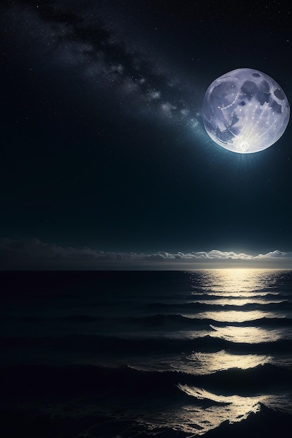 Foto nächtlicher sternenhimmel, mondlicht, das auf dem meerwasser scheint, einsame gedanken, hintergrundbanner