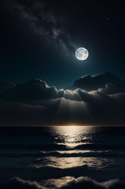 Nächtlicher Sternenhimmel, Mondlicht, das auf dem Meerwasser scheint, einsame Gedanken, Hintergrundbanner