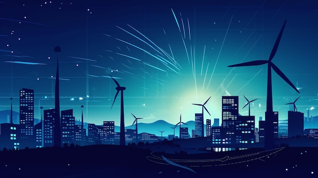 Nächtliches Stadtbild mit Windkraftanlagen Eine atemberaubende Illustration einer futuristischen Stadt bei Nacht mit Energiepfaden und Windkraftanlagen im Vordergrund